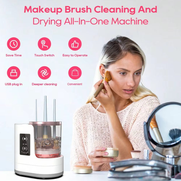 GlowWhirl™ Auto Makeup Brush Cleaner – Spin, Rinse & Dry Like a Pro
